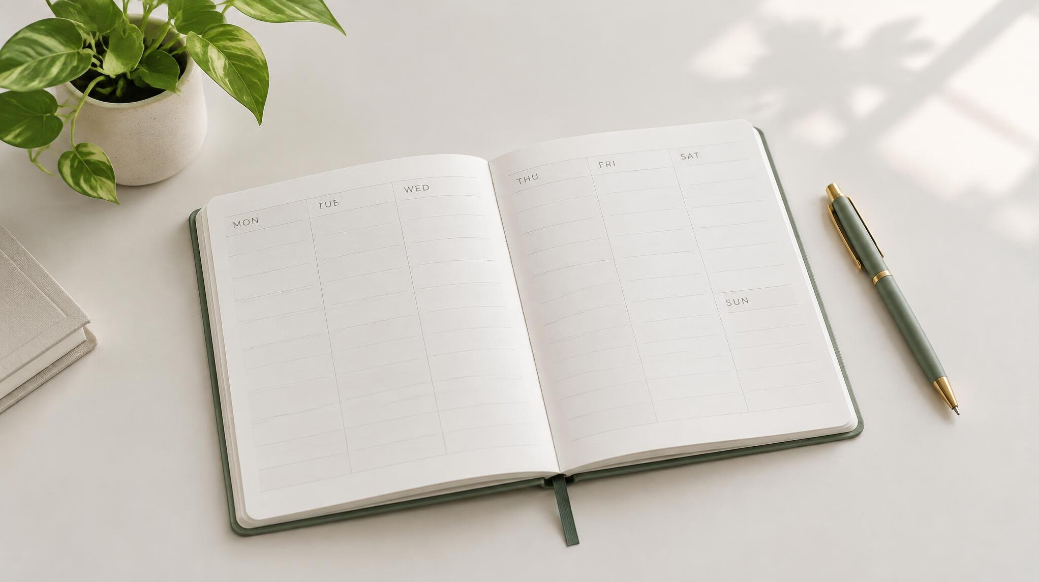 Weekly planner and pen on a desk