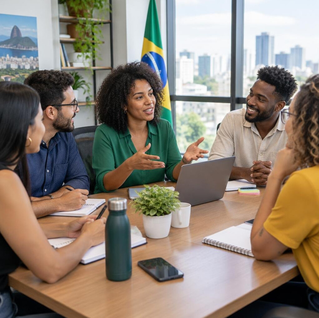 Team members in a meeting room discussing around a table