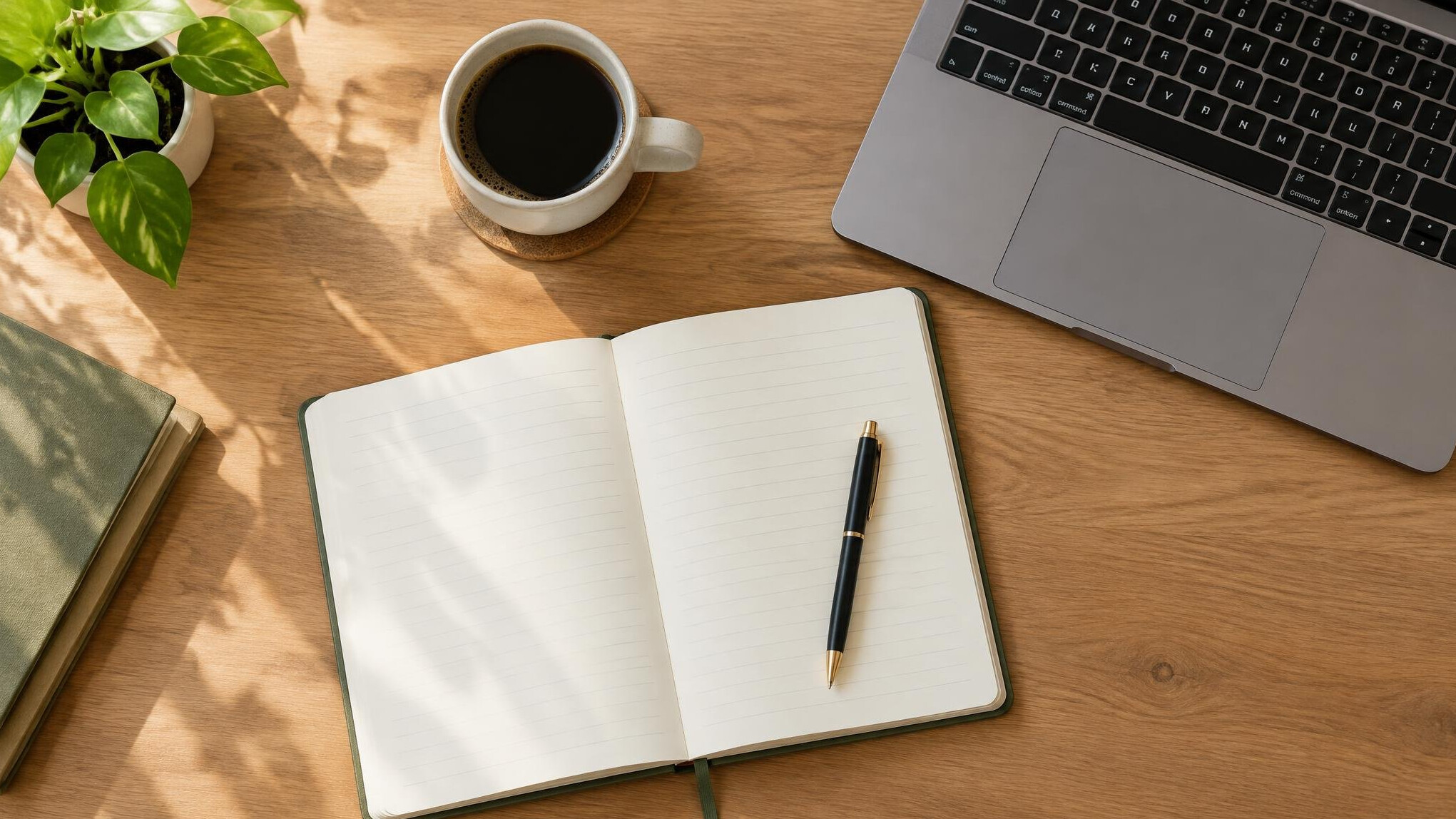 Notebook and pen on a wooden desk with a cup of coffee