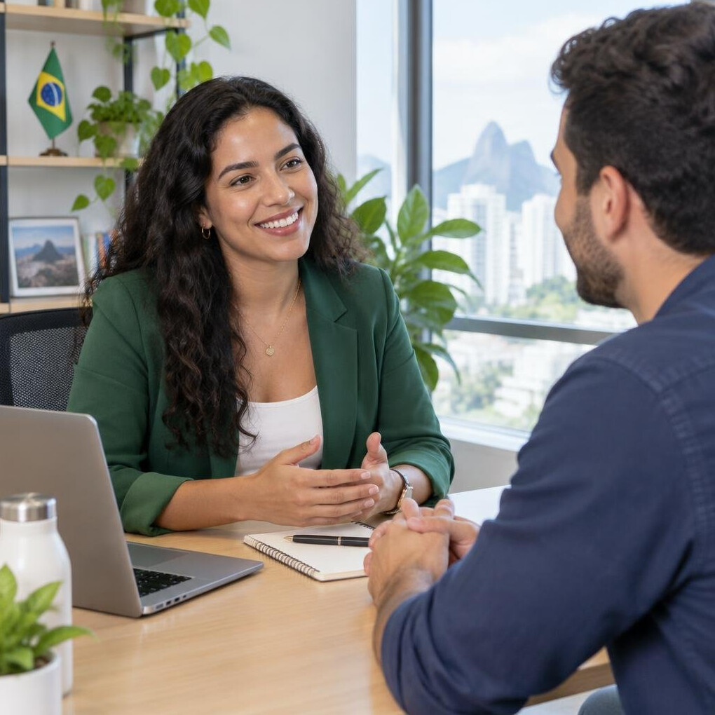 Two people talking in a bright office