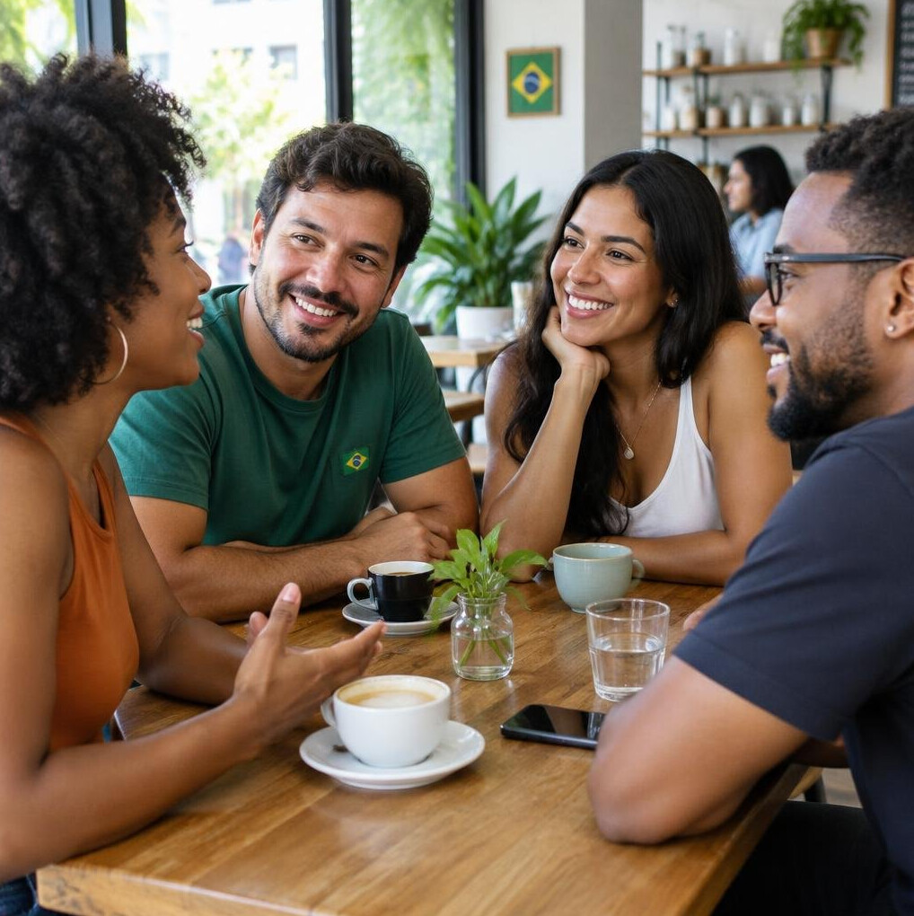 Group of friends talking and laughing around a table